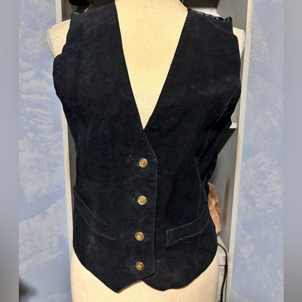 Vintage Runaway Bay Leather Vest Black Button Front Fitted Size S - Picture 2 of 13
